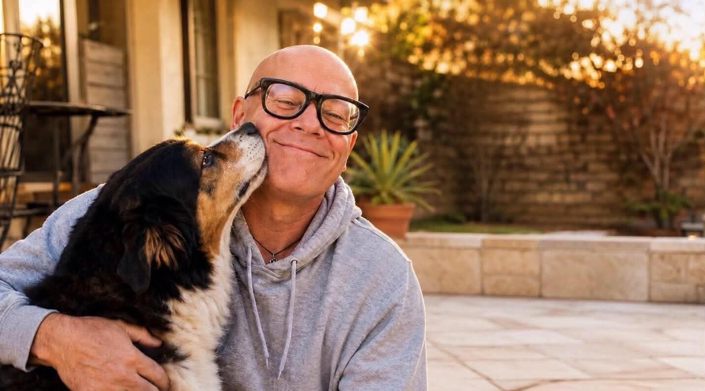 Dr. Cornwall relaxing outdoors with his dog