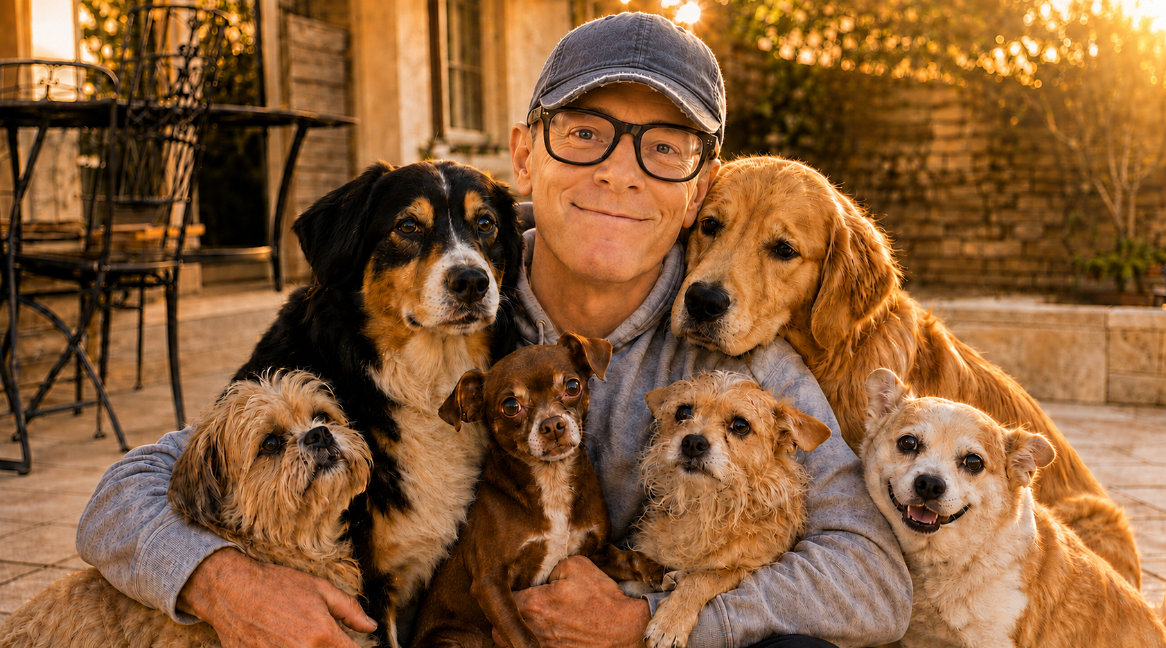 Dr. Michael Cornwall seated outdoors with his six dogs